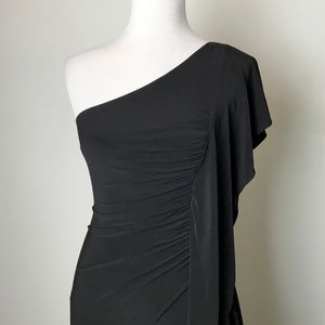 Allen Schwarz Prive Black One Shoulder Ruched Gown
